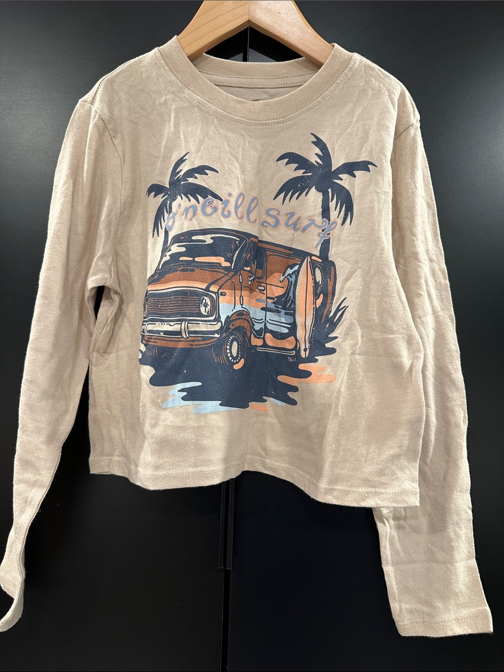 NEW O'Neill Beige Long-Sleeve Cropped Tee with Retro Surf Van Graphic